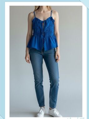 Amber Sky Linen Blend Ruffle Tie-Front Ruched Camisole Top Blue Sz M NWT Boho